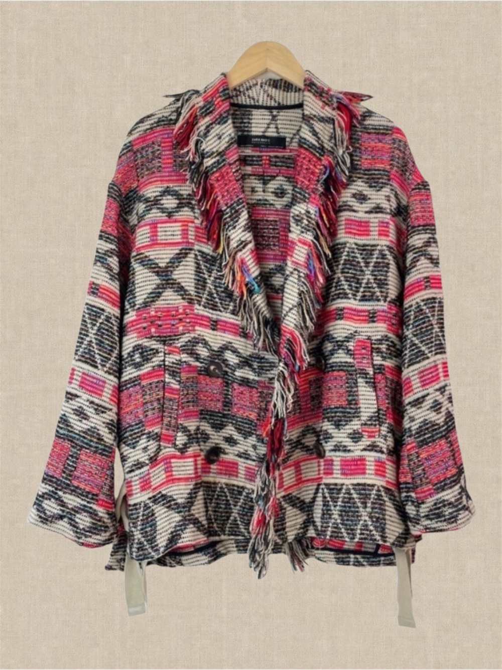 Zara Oversized Southwestern Fringe Blanket Jacket XS/S Boho Aztec Tribal Indie